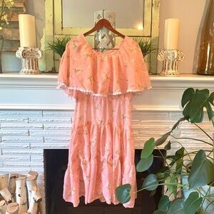 Vintage Daisy Pink Ruffled Off the Shoulder Tiered MIDI Prairie Dress Size Small